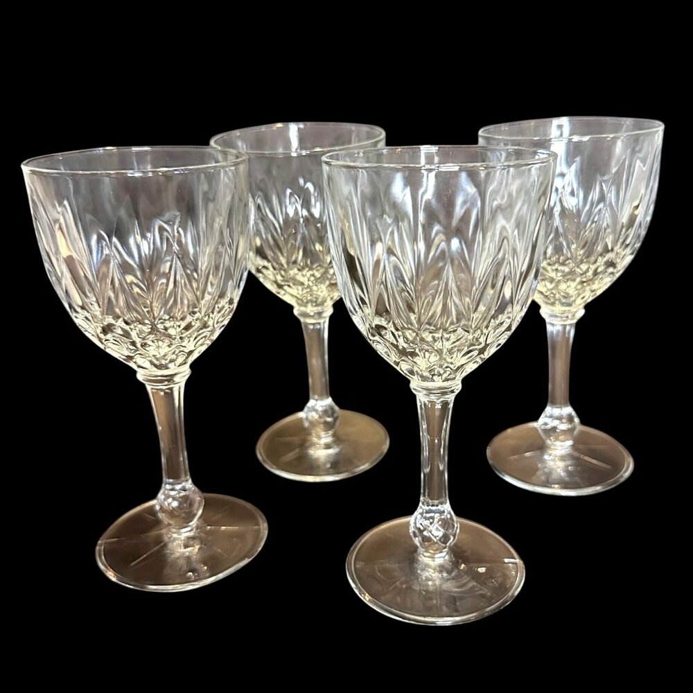 4 French Vintage Crystal Cut Faceted Ball Stem 3.5oz Glasses, Marked France